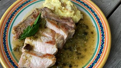 Seared Pork Chops with Roasted Poblano, Tomatillo, and Nopal Cactus