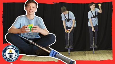 Solving a Rubik's Cube on a Pogo Stick!